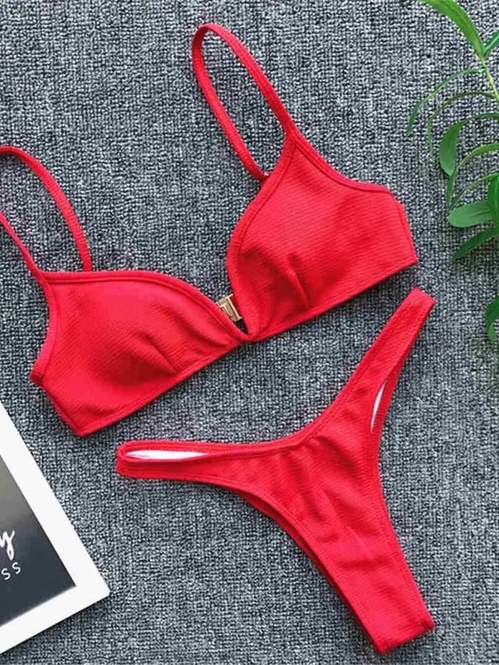 Maillot de bain sexy côtelé brésilien en V pour femme, ensemble bikini deux pièces à coupe haute K1335C