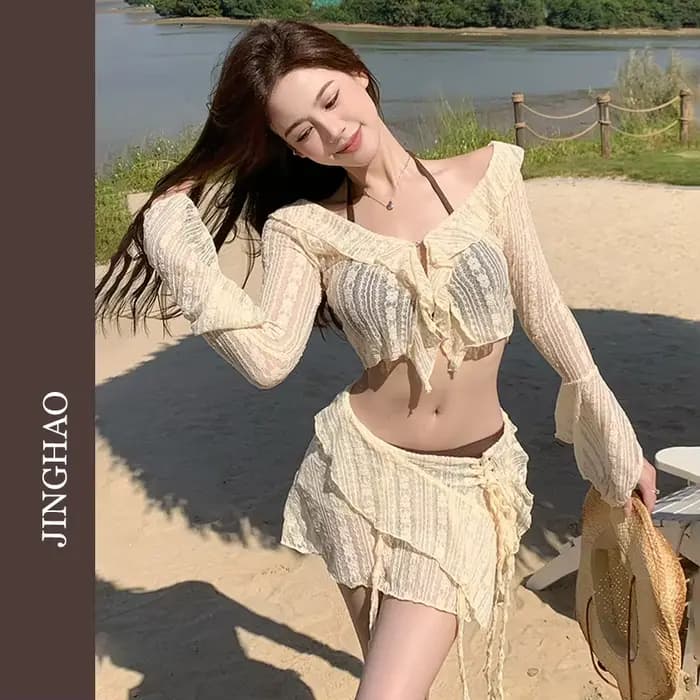 Maillot de bain bikini femme en dentelle à manches longues