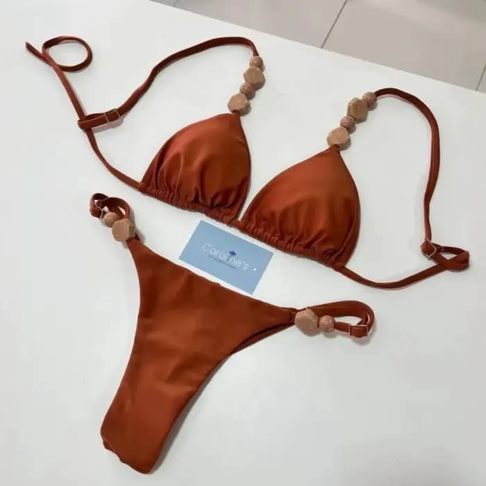Boho Chic deux pièces ensemble de Bikini avec détails en pierre couleur unie taille haute maillot de bain vacances