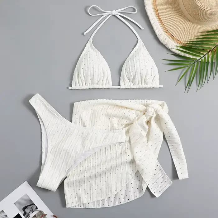 2025 été licou Bikini 3 pièces femmes matériel spécial Sexy string maillots de bain avec jupe Sarong
