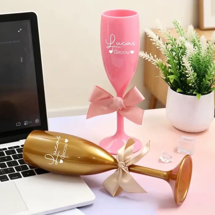 Flûte à champagne personnalisée, verre à champagne incassable personnalisé avec décoration en nœud, décoration élégante pour mariage et vaisselle de fête