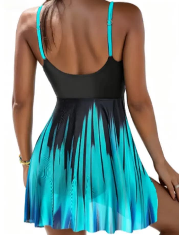 Maillot de bain une pièce amincissant noir dégradé turquoise 2373 pour femme, col en V, idéal pour la plage