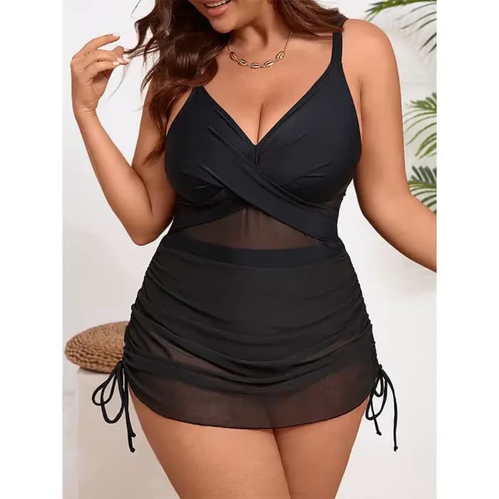 Maillot de bain une pièce grande taille pour femmes, col en V, style jupe en maille croisée, costume de natation en nylon et élasthanne à haute élasticité