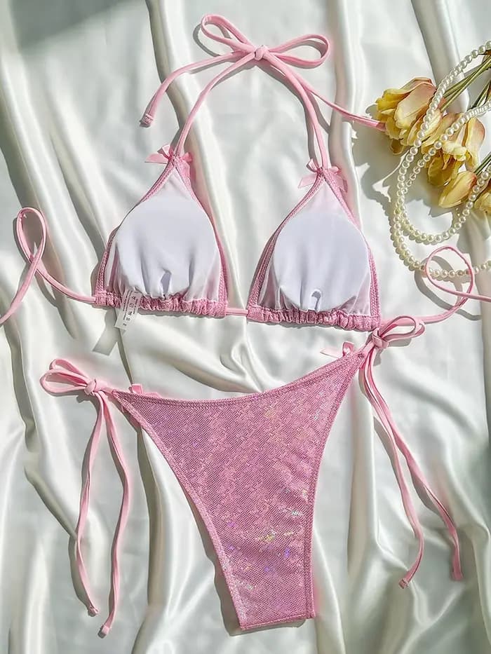 Maillot de bain femme deux pièces à paillettes scintillantes, style halter avec nœud, coupe haute