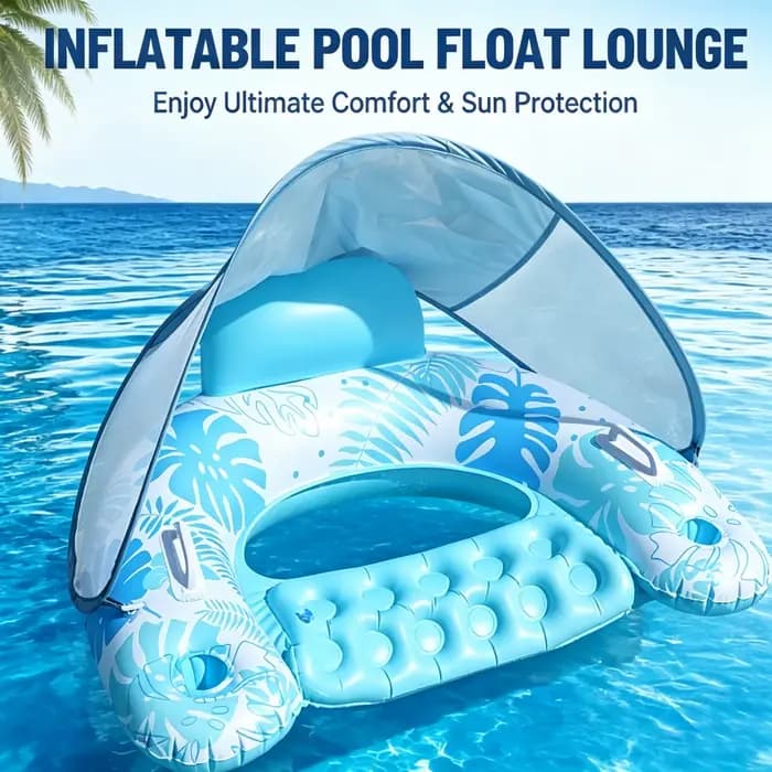 Fauteuil flottant gonflable pour piscine avec auvent pare-soleil, chaise inclinable flottante en forme de U avec porte-gobelets, radeau pour piscine et plage