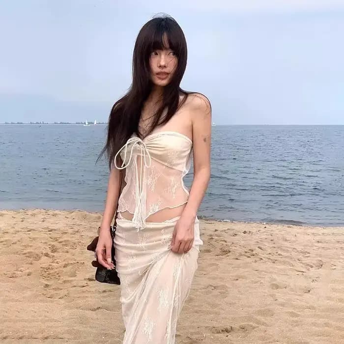 Ensemble de Bikini en dentelle thaïlandaise, robe longue amincissante, Sexy, vacances dans l'île, maillot de bain thermique de printemps, haut sans bretelles séparé, bas taille haute