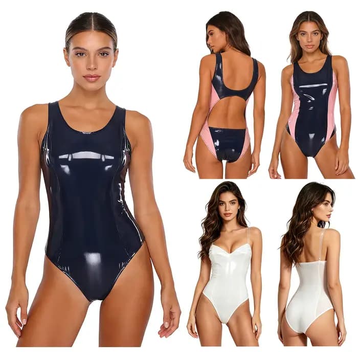 Combinaison de bain moulante en PU effet mouillé pour femme, col rond, sans manches, pour clubbing, raves, fêtes et danse