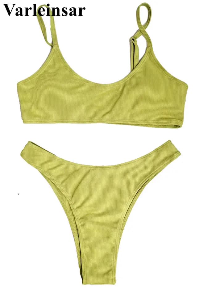 Maillot de bain bikini côtelé à coupe haute pour femme
