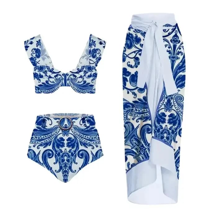 Nouvelle Collection : Ensemble Bikini Taille Haute Imprimé Rétro pour Femme – Maillot de Bain Deux Pièces Élégant avec Jupe de Plage pour Vacances et Bains Thermales