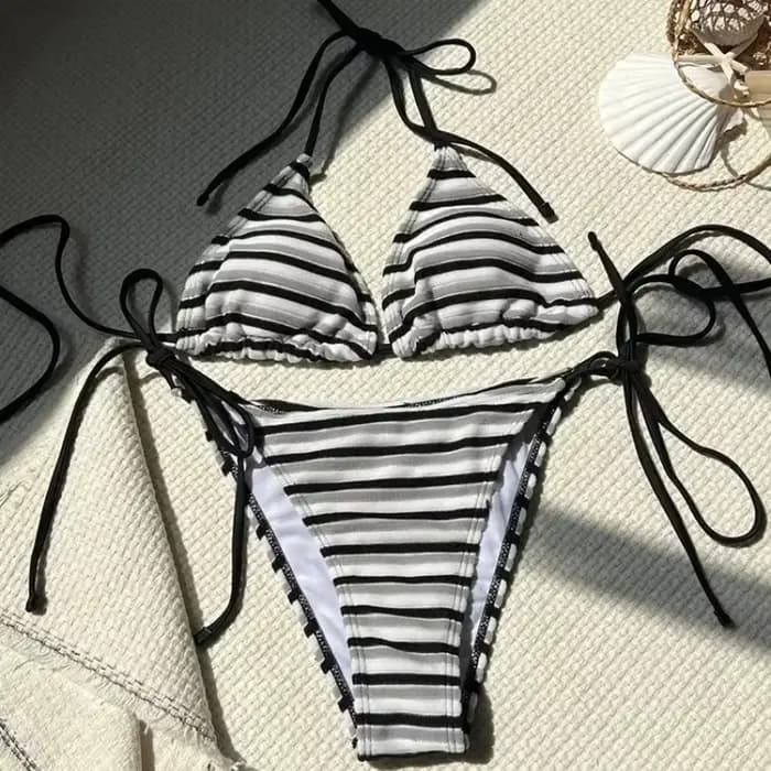 Ensemble bikini rayé pour femmes, maillot de bain sexy, triangle fendu, à lacets, push-up, maillot de bain d'été pour femmes