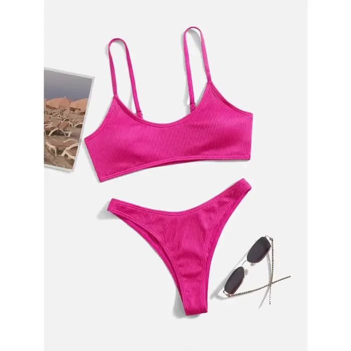 Maillot de bain bikini côtelé uni pour femme
