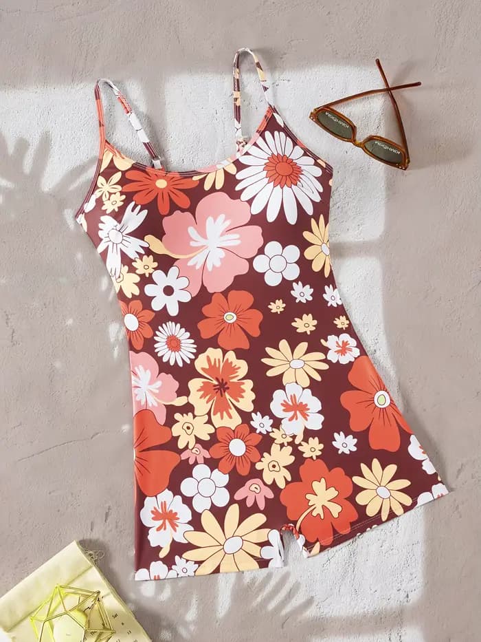 Maillot de bain une pièce pour femme avec un joli imprimé floral en orange