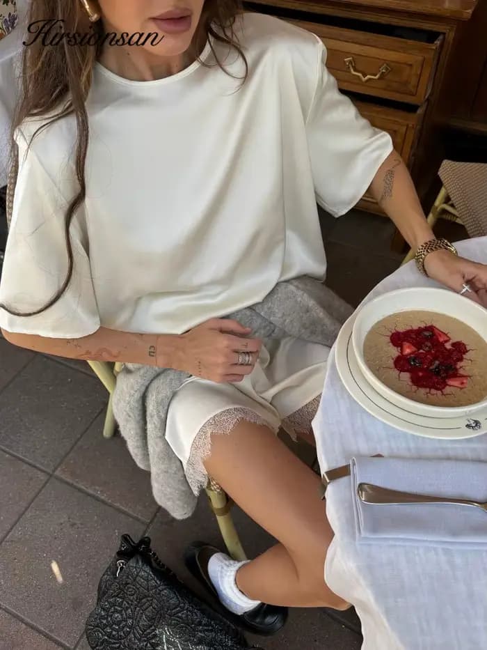 Hirsionsan – ensemble deux pièces pour femmes, hauts courts et shorts en dentelle, tenue élégante de haute qualité, survêtement doux