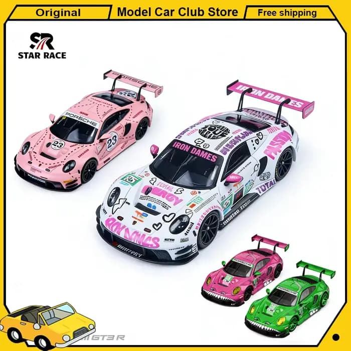STAR RACE SR 1:64 Porsche 911 GT3 R # 85 # 23 cochons roses # 56 # 15 # 80 # Modèle miniature en alliage 77, collection de figurines, jouet de collection