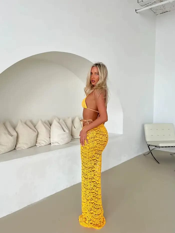 Sexy dentelle 3 pièces Bikini avec jupe licou femmes dentelle soutien-gorge maillot de bain maillot de bain maillots de bain vacances décontracté femme