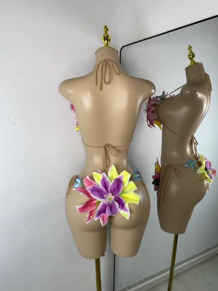 Femmes Sexy Tropical à la main fleur à la mode Bikini deux pièces Transparent Floral maillot de bain tenue de plage danseur Performance Costume