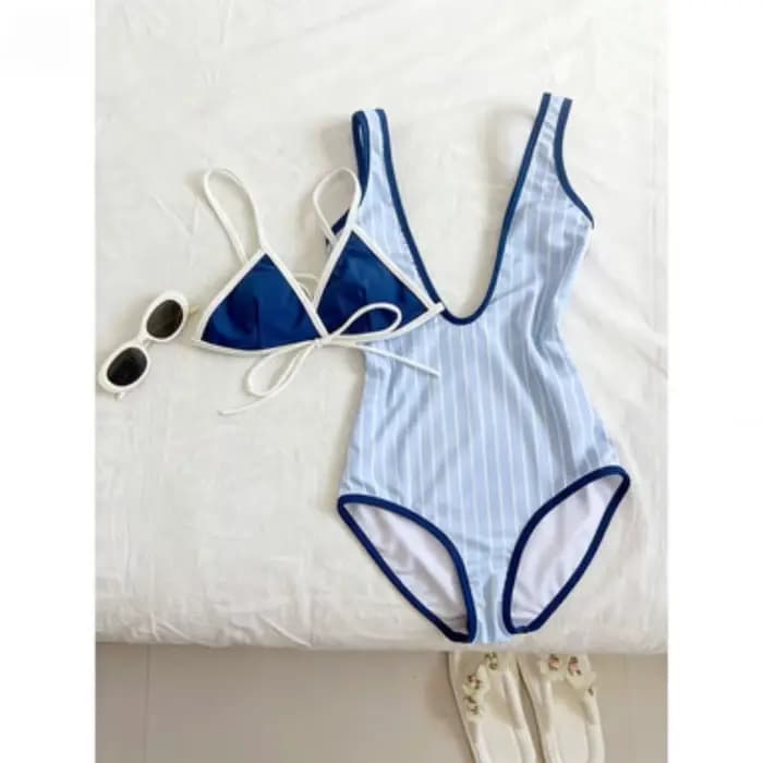 Maillot de bain une pièce rayé bleu et blanc Y2k pour femme, style plage, coupe ajustée, sexy, élégant, pour les vacances d'été