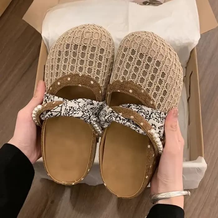Mules Mary Jane en maille respirante pour femmes, sandales à pois français avec perles, confortables pour pieds larges, semelle souple, pantoufles à bout fermé
