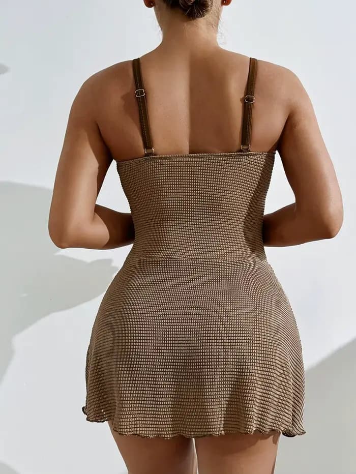 Vintage kaki jupe croisée une pièce maillot de bain 2026 femmes Sexy plissé ventre contrôle maillots