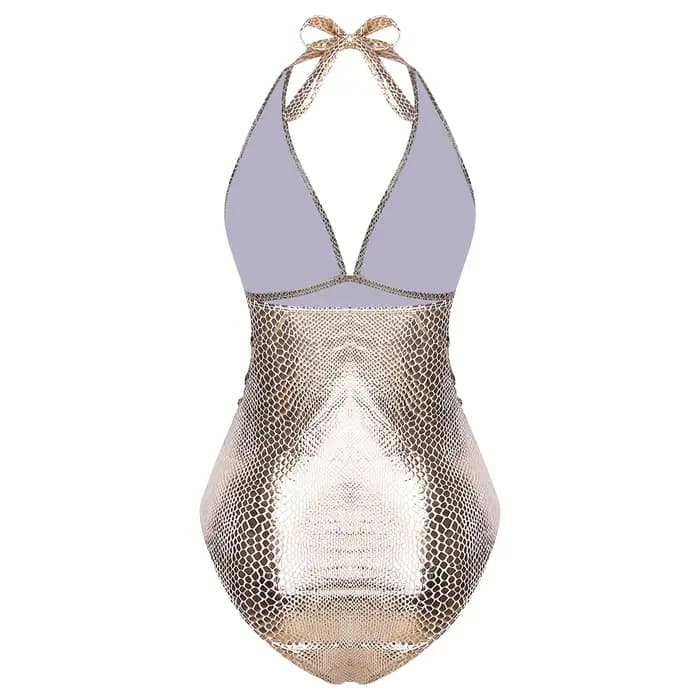Maillot de bain une pièce brillant effet métallisé pour femme, motif peau de serpent, avec laçage et col halter