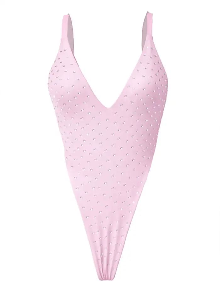 Maillot de bain une pièce sexy rose 2026 avec accent en strass, sans manches, dos nu, monokini, tenue de plage pour femme