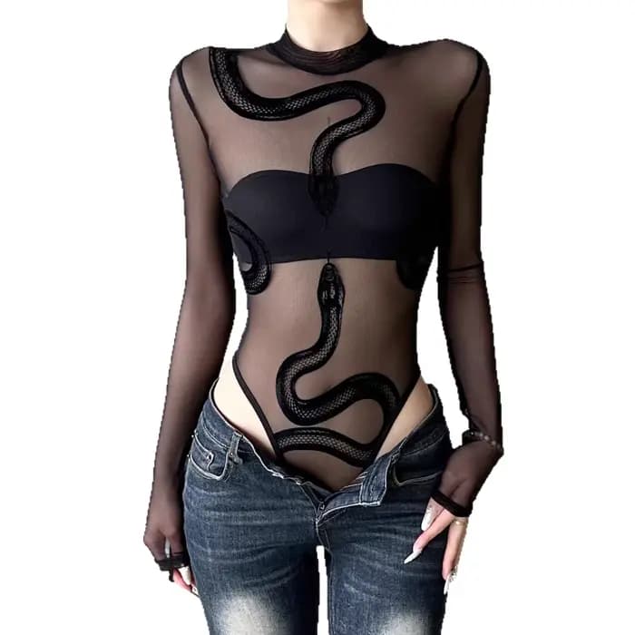 Combinaison une pièce sexy à imprimé serpent, manches longues, col rond, coupe basique, en tissu métallique fin, Été 2025, Small