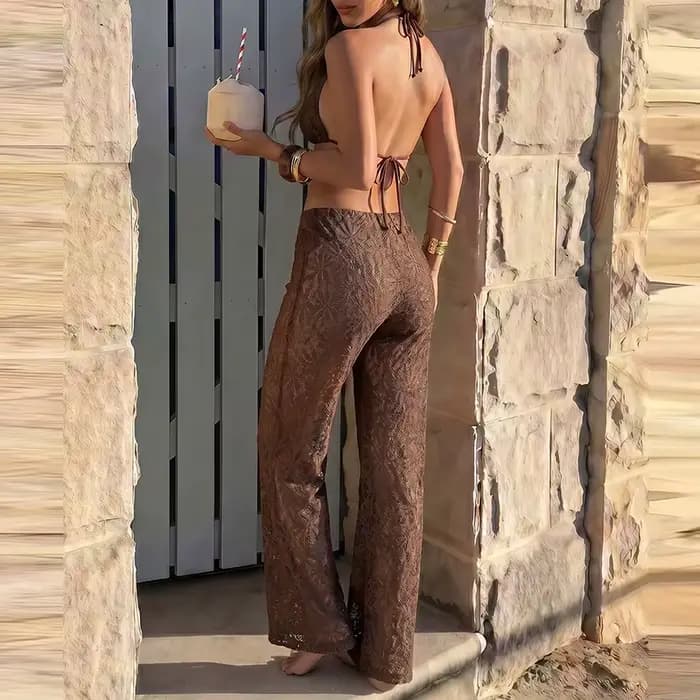 Ensembles de bikini 3 pièces d'été sans manches, comprenant un soutien-gorge dos nu et un string triangle, style plage ajusté, sexy, en maille tricotée ajourée et imprimée