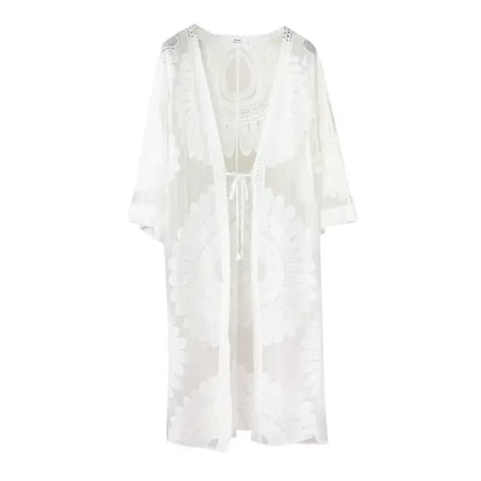 Nouvelle Robe de Plage Anti-UV Col V Tournesol pour Femme, Cache-maillot Brodé en Dentelle Printemps-Été
