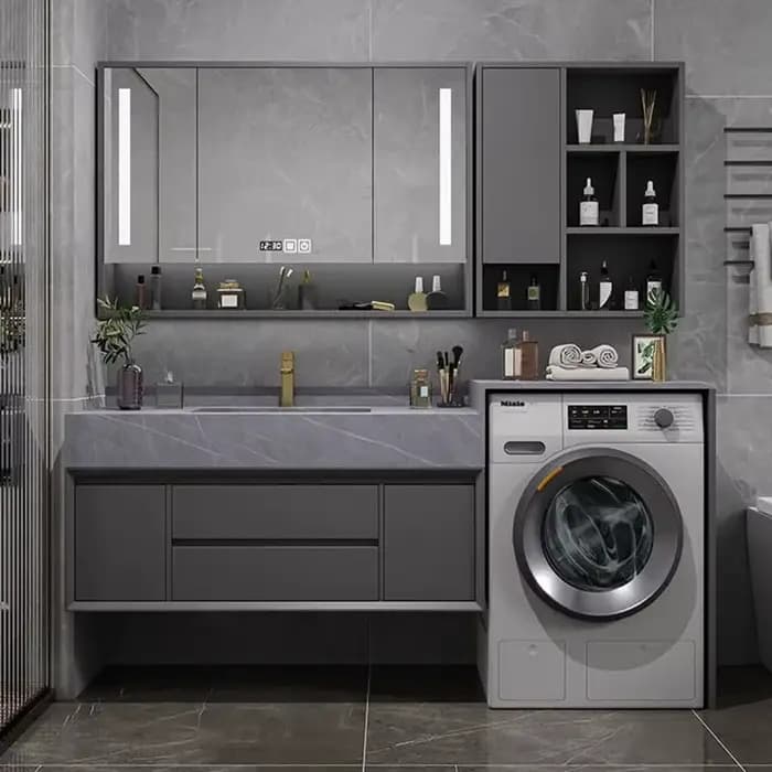 Meuble de salle de bain avec miroir lumineux, étagère murale de style nordique européen, meuble-lavabo avec tiroirs, meuble de toilette de luxe