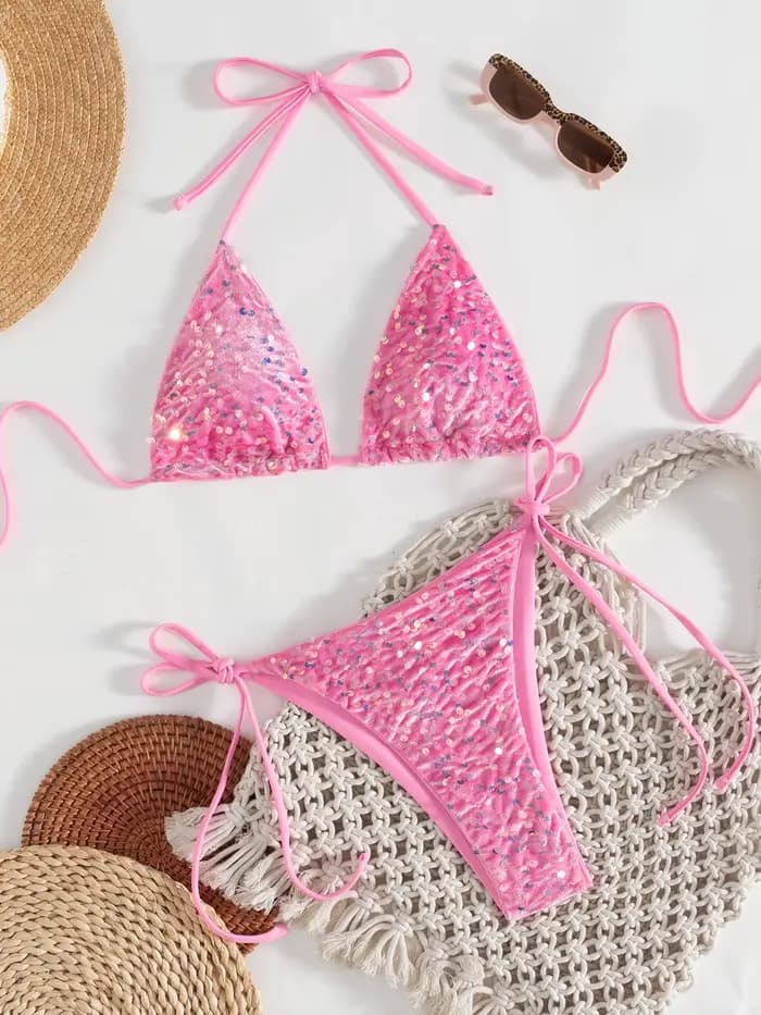 Maillot de bain sexy pour femme, ensemble bikini scintillant, maillot de bain féminin uni, tenue de plage, maillot de bain dos nu, trikini, dropshipping