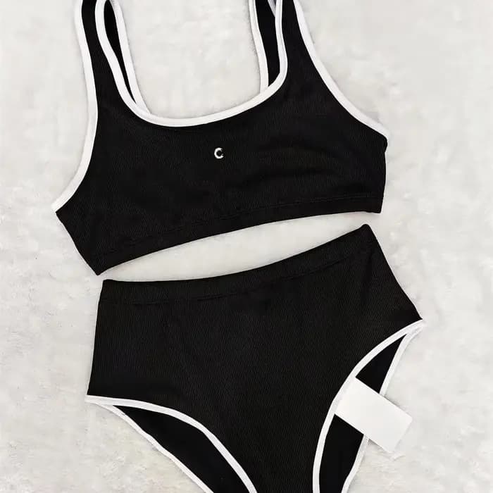 Maillot de bain bikini femme color block à bretelles, noir et blanc, été