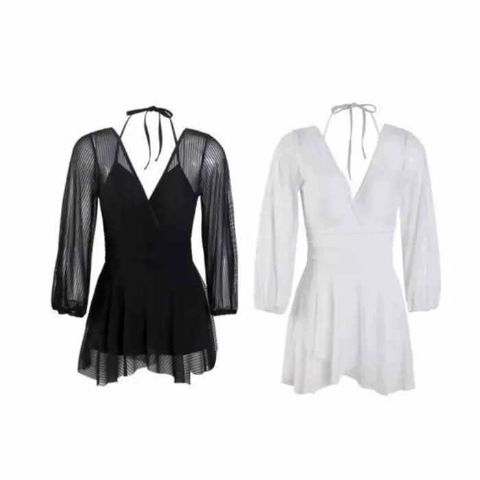 Maillot de bain transparent à manches longues et jupe, col en V, dos nu, à lacets, coupe ajustée, style plage