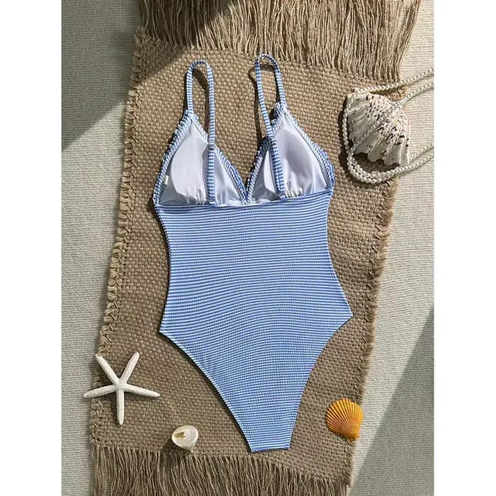 Vintage bleu ciel rayé une pièce maillot de bain 2026 femmes licou col en V mince ventre contrôle maillots