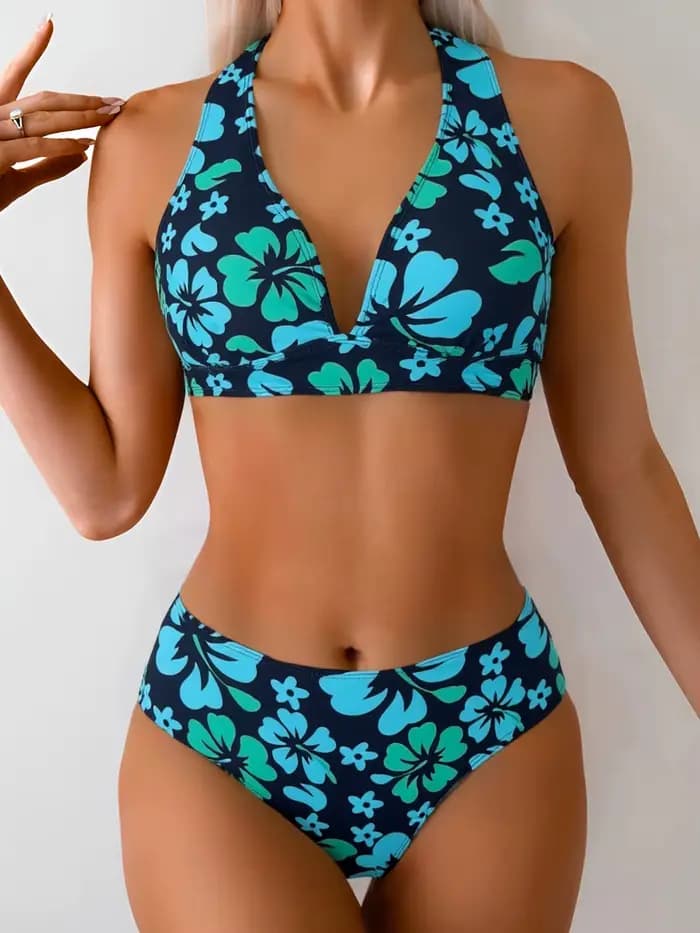Bikini vintage noir à imprimé turquoise et hibiscus
