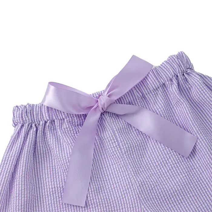 Shorts en seersucker pour femmes, shorts roses rayés, shorts à cordon de serrage avec bordure à volants, vêtements d'été, pantalons courts pour filles