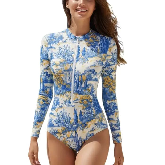 Maillot de bain une pièce pour femme 2026 Nouveauté Manches longues Fermeture éclair Imprimé Conservateur Sexy Vacances à la plage Ensemble multi-pièces Séchage rapide