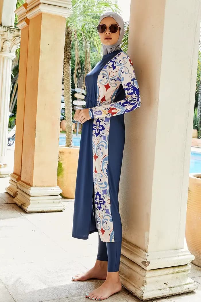 Maillot de bain musulman Burkini pour femmes, ensemble de natation arabe islamique, robe Maxi Hijab, couverture complète, imprimé bleu, Patchwork