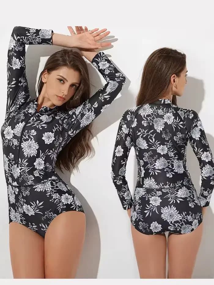 Maillot de bain une pièce imprimé floral, manches longues, fermeture éclair, vêtements de plage pour femmes