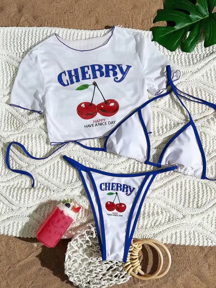Maillot de bain trois pièces sexy et frais à imprimé cerises, style halter, bleu foncé, collection 2026