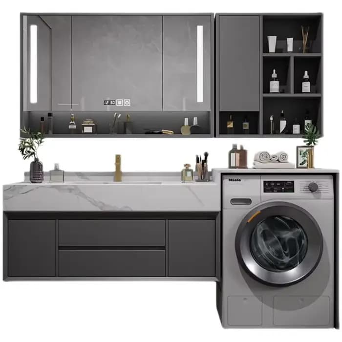 Meuble de salle de bain avec miroir lumineux, étagère murale de style nordique européen, meuble-lavabo avec tiroirs, meuble de toilette de luxe