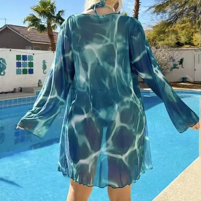 Floral bleu plage maillot de bain en mousseline de soie à manches longues 3 pièces ensemble de Bikini pure