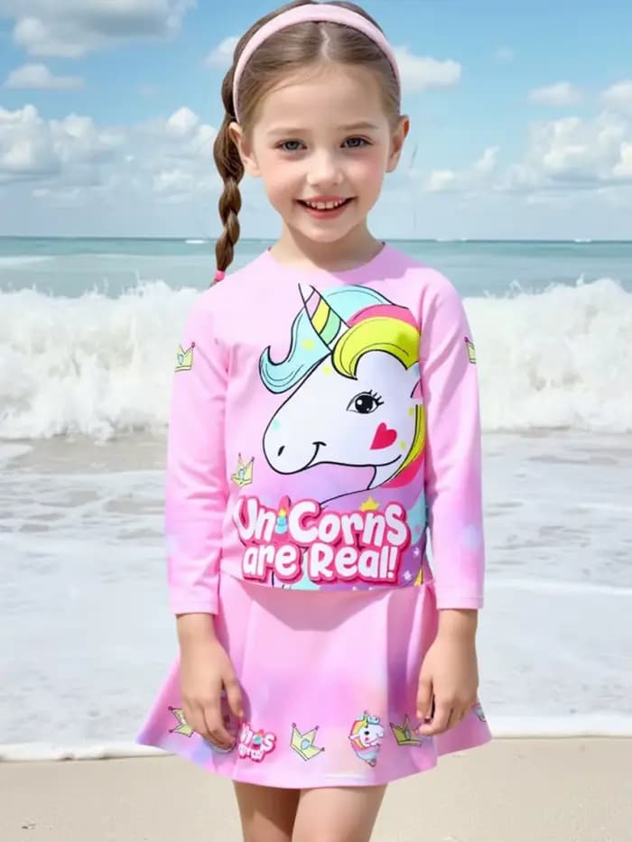 Filles enfants maillot de bain 2026 nouveau rose dessin animé manches longues maillots