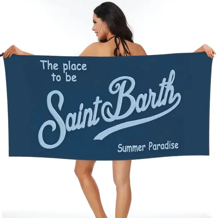 LE SAINT-TROPEZ Serviette de plage à imprimé lettres, blanche et bleue, simple, en microfibre, grande, absorbante, pour piscine