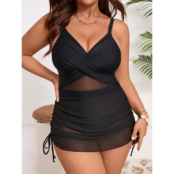 Maillot de bain une pièce grande taille pour femmes, col en V, style jupe en maille croisée, costume de natation en nylon et élasthanne à haute élasticité