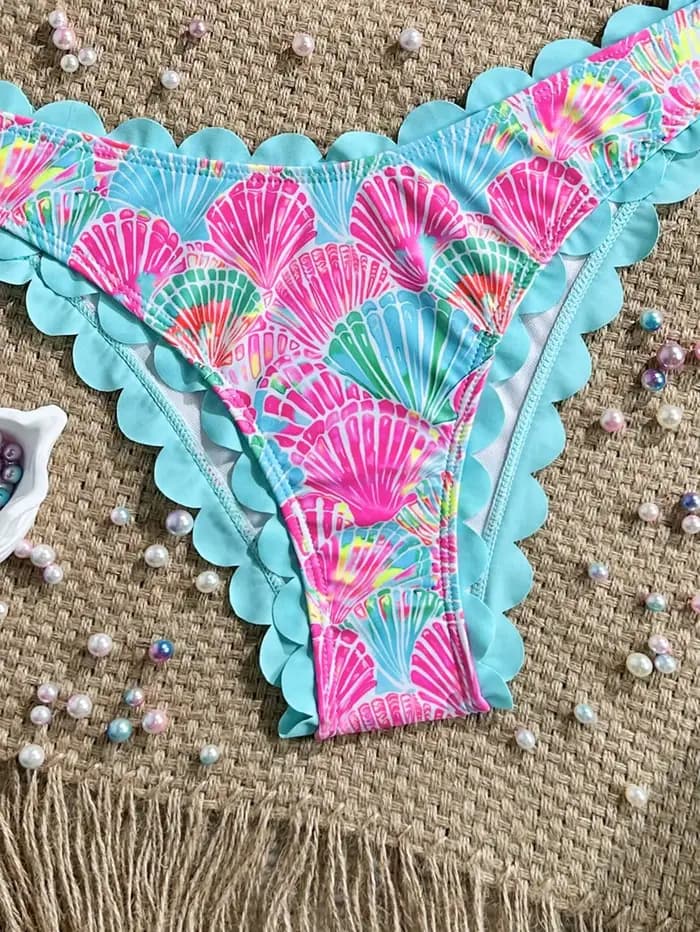 Sexy volants Bandeau Bikini 2026 femmes bleu ciel imprimé fleuri avant nœud Push Up taille haute maillot de bain plage