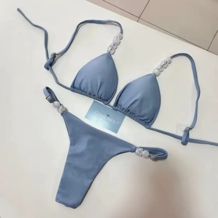 Boho Chic deux pièces ensemble de Bikini avec détails en pierre couleur unie taille haute maillot de bain vacances