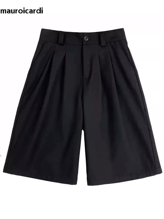 Mauroicardi printemps été ample décontracté doux noir plissé Shorts pour hommes hommes avec taille haute court pantalon droit vêtements 2024