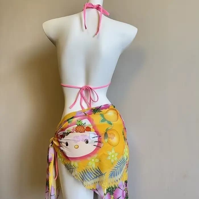 Maillot de bain sexy Hello Kitty japonais Kawaii pour femme, bikini d'été à bretelles fendues, mode plage et resort, motif dessin animé