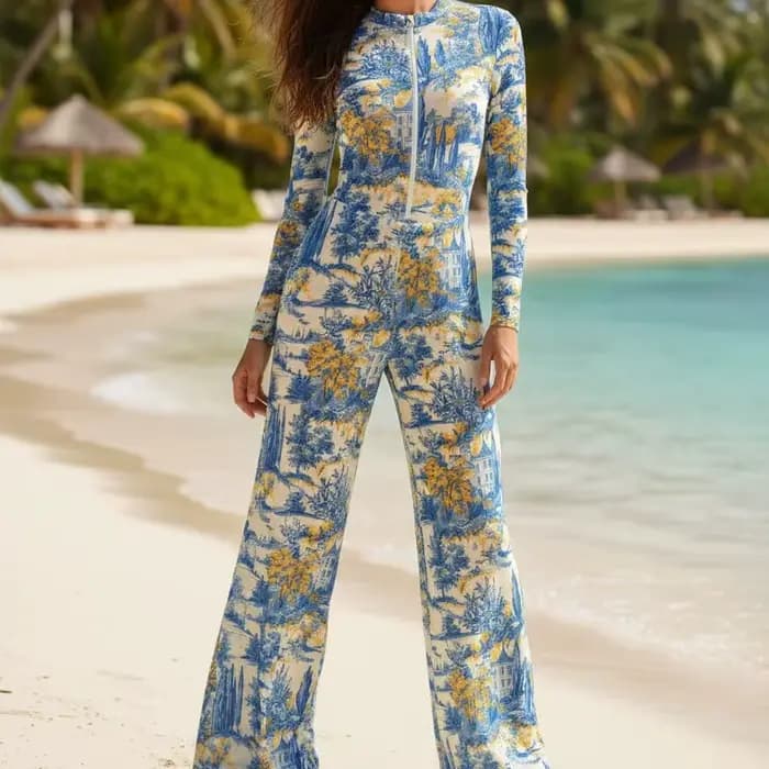 Maillot de bain une pièce pour femme 2026 Nouveauté Manches longues Fermeture éclair Imprimé Conservateur Sexy Vacances à la plage Ensemble multi-pièces Séchage rapide