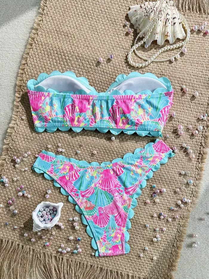 Sexy volants Bandeau Bikini 2026 femmes bleu ciel imprimé fleuri avant nœud Push Up taille haute maillot de bain plage